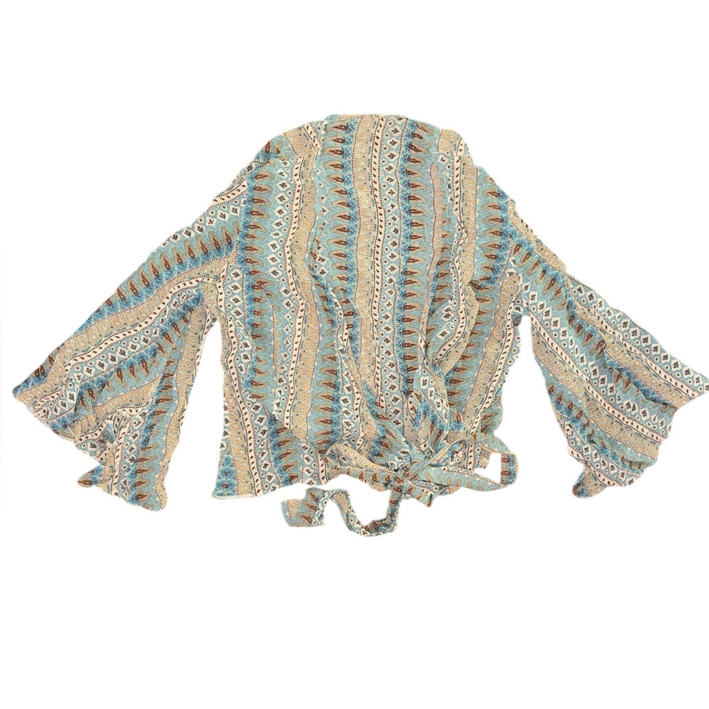 Boho Tie-Front Kimono Blouse Wrap Around Top in Teal and Beige Festival Vibes